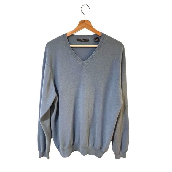 Folio New York Mens 100% Cashmere Sweater M Baby Blue V-Neck Quiet Luxury Preppy - Picture 1 of 6